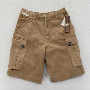 Vintage Synergy Cargo Shorts Mens 34 Medium Wash Brown Denim Leather Pockets Y2K